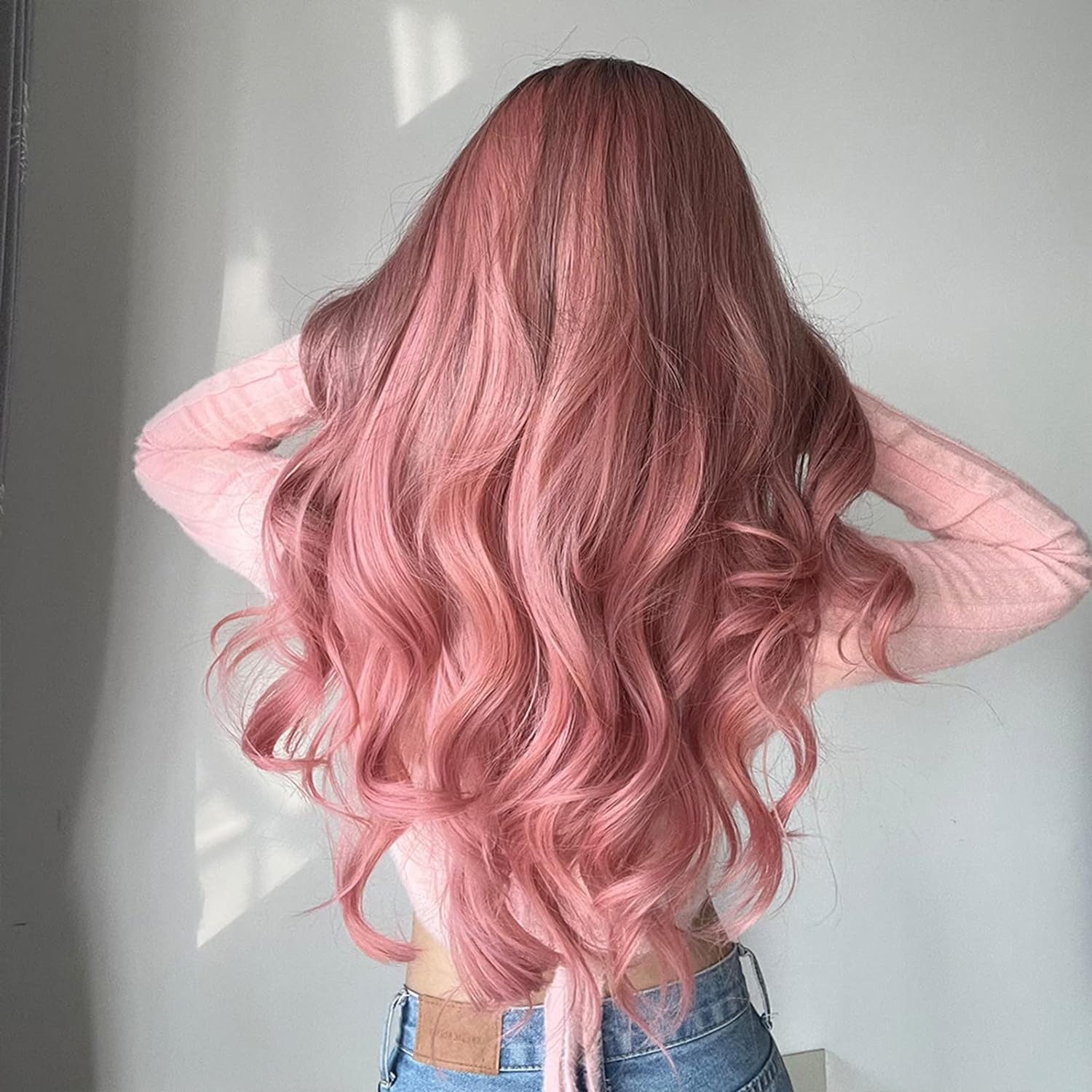 Eacam Pink Wigs Long Curly Wavy Hair Wigs for Women Wig Synthetic Straight Cos Wigs Heat Resistant Synthetic Hair Pink Curly Wavy Wig for Party Cosplay Daily Use image number 1