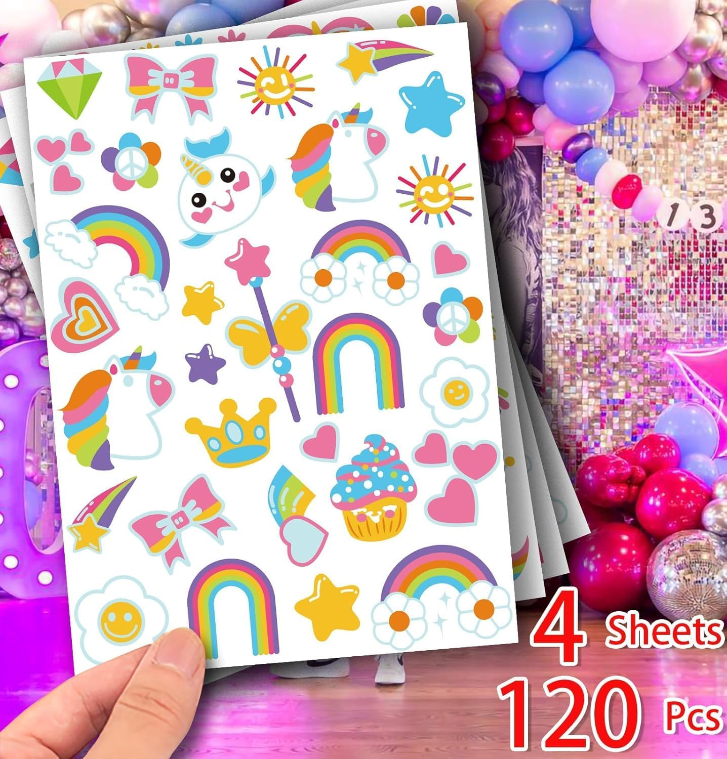 AEEGO Tattoos for Kids，Unicorn Birthday Decorations，4 Pack Safe & Waterproof Temporary Tattoos for Kids - Non-Toxic Fun Body Art Stickers, Perfect for Parties, Playtime & Festive Designs image number 2
