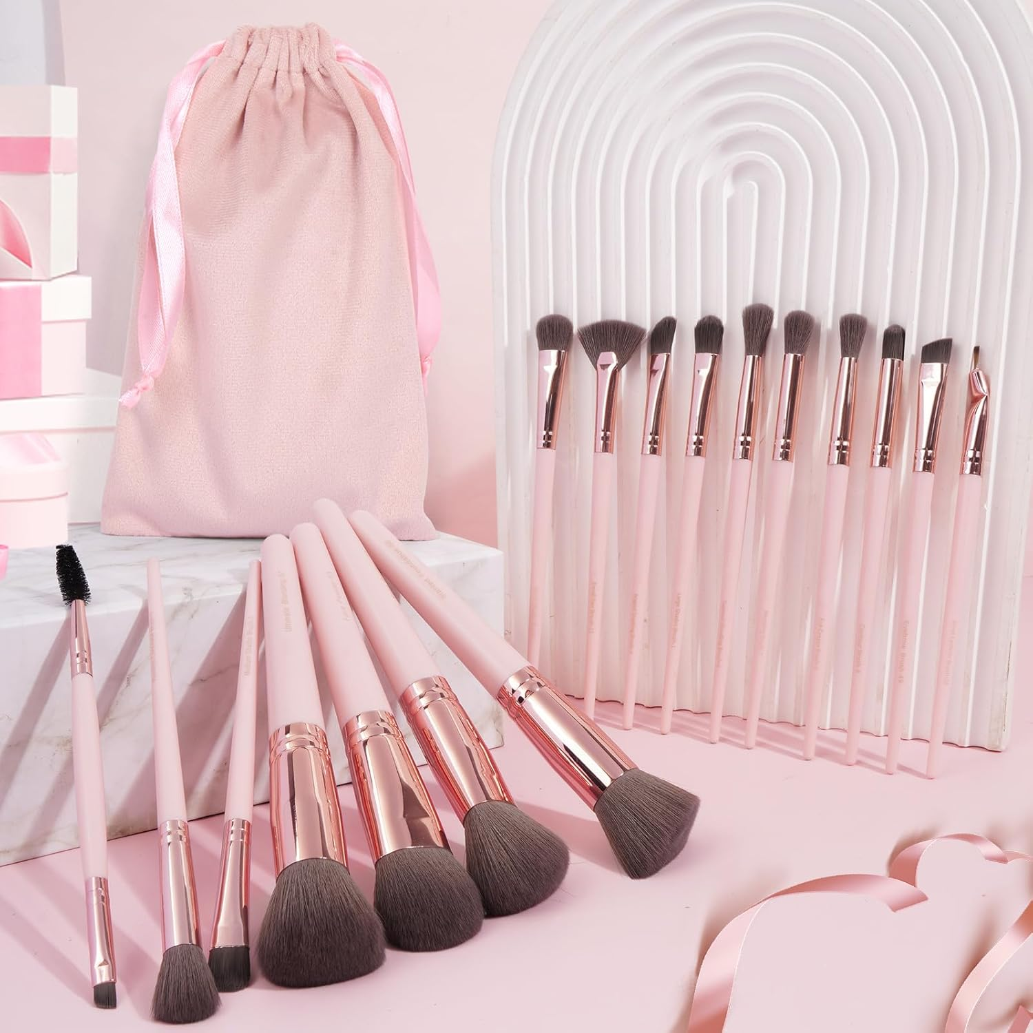 17 Pcs Makeup Brushes, Glitzcharm Makeup Brushes Set Premium Synthetic Powder Blush Concealers Eye Shadow Eyeliner Make up Brushes(17 Brushes+1 Pink Bag,Pink) image number 3