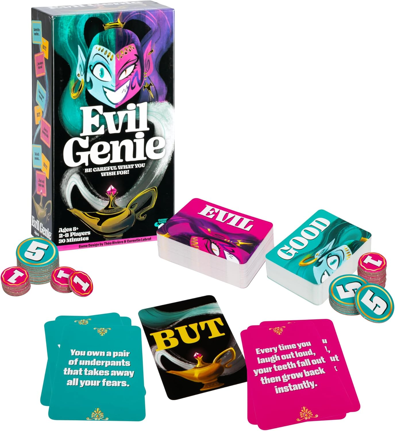 Evil Genie, the Party Game Where Players Combine Good Cards with Evil Cards to Grant One Messed up Wish, Then Guess If the Wish Will Be Taken to Score Points and Win the Game, 2 &ndash; 8 Players​ Ages 8+