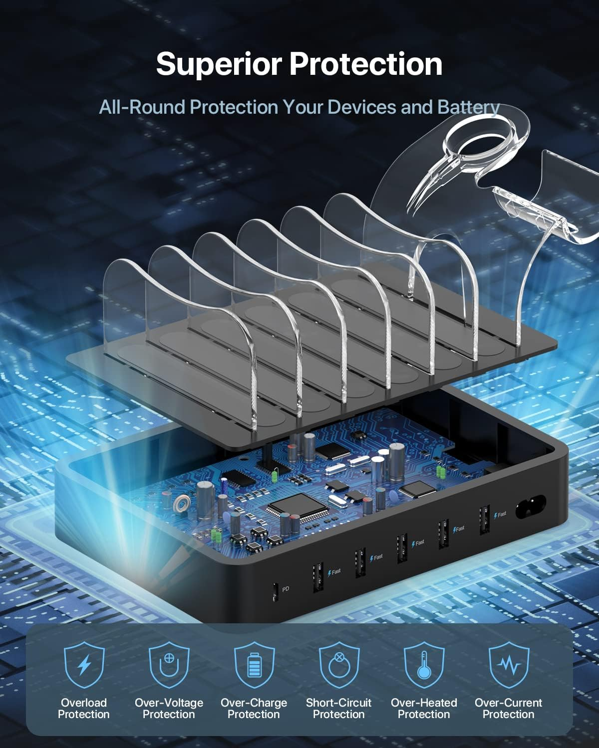 Soopii 60W 6 Port USB Charging Station for Multiple Devices, PD 20W USB C Fast Charging for Lphone 14/13/12,6 Short Cables Included, 2 in 1 Holder,For Phones,Tablets and Others - White image number 7