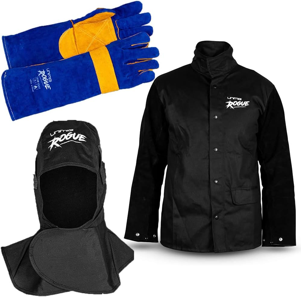 Unimig Welding Bundle - Leather Jacket + Hood + Gloves - Rogue Mig Tig PPE Protection Equipment for Welders