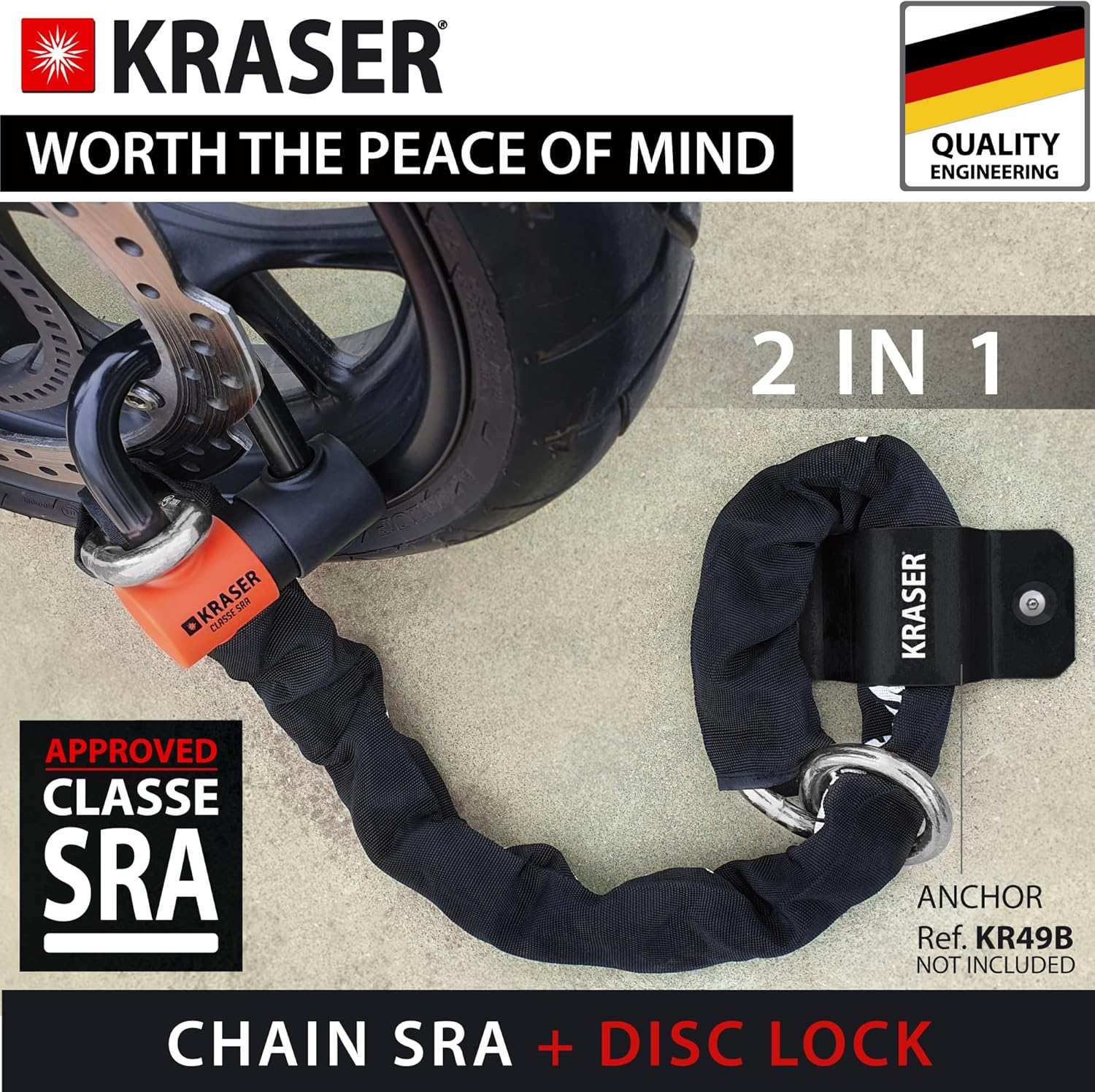 KRASER KR50120L Motorcycle Chain Lock Mini U Approved Padlock Massive Steel Heavy Duty &Oslash;0.53In, 3.9Ft Long, Loop Ring, Textile Cover, High Security Anti-Theft, Garage Anchor, Scooter Electric Bicycle image number 3