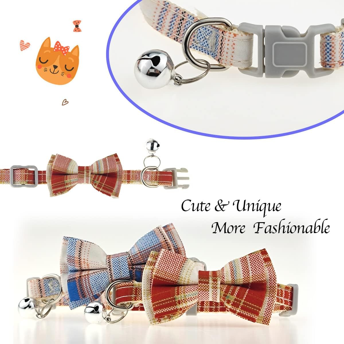 Cat Bow Tie Collars with Bell Adjustable Plaid Collar for Kitten Puppy Cute Collars Soft Cat Collar with Bell Tie image number 1