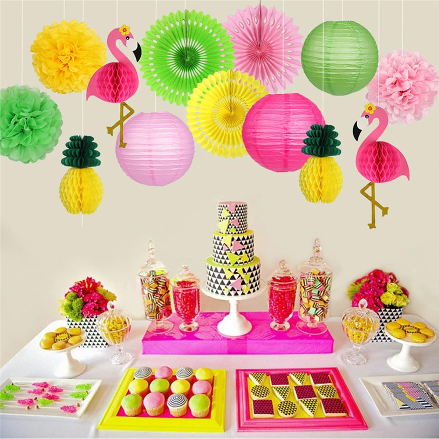 Flamingo Party Supplies, Hawaiian Party Decorations Flamingo and Pineapple Honeycomb Ball Paper Lanterns Paper Fans Pom Poms Flowers for Birthday Luau Tropical Bachelorette Party image number 5