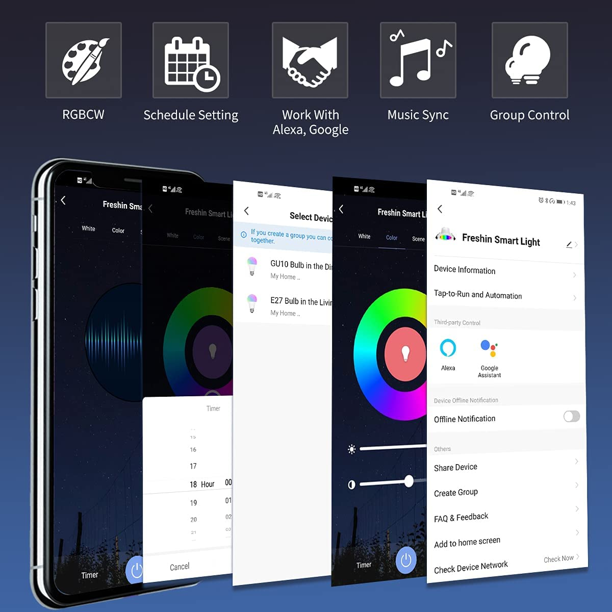 Smart Spotlight FRESHIN GU10 RGBCW Wifi LED Downlight Multicolor Lights Dimmable Changing 2.4Ghz Only, Compatible with Alexa, Google Home, No Hub Required (4) image number 2