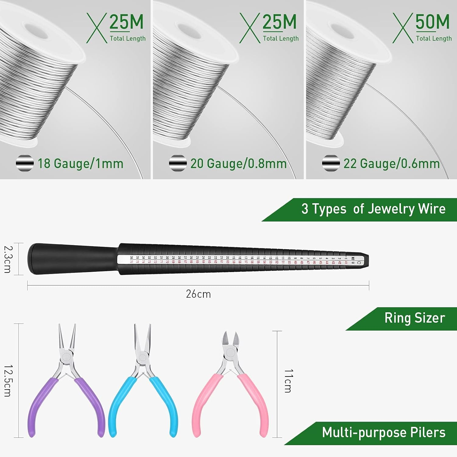 3 Rolls 18/20/22 Gauge Craft Jewelry Wire Aluminum Wire with Ring Sizer Pliers for Jewelry Making (Silver) image number 4