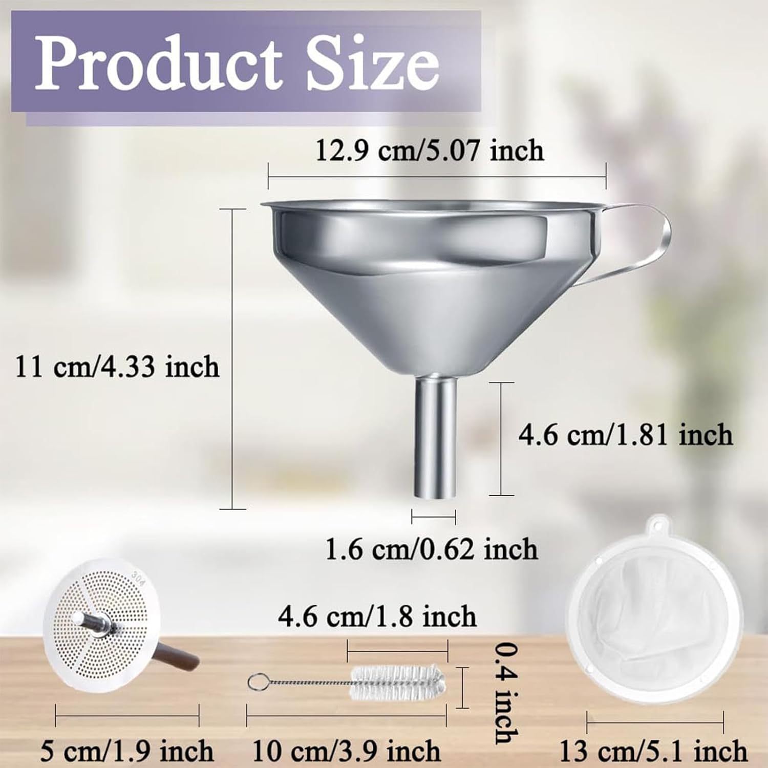 Funnels Stainless Steel Kitchen 13 Cm with Handle, Detachable 200 Mesh Food Strainer and Stainless Steel Filter Strainer, Cleanning Brush for Filter Liquid, Oils, Powder, Juice, Jam image number 1