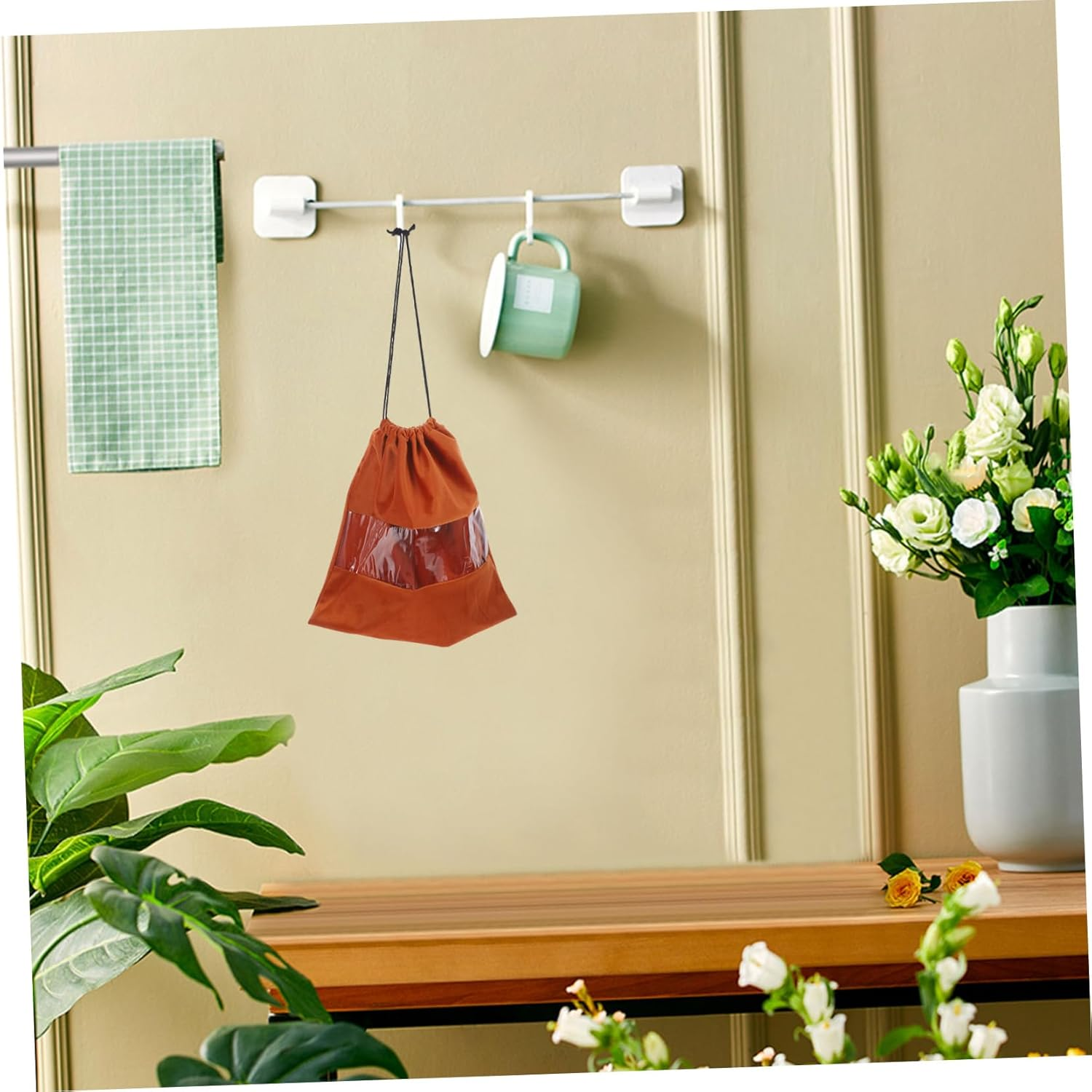 Beavorty Foldable Travel Hair Dryer Bag Hanging Storage Bag Drawstring Dustproof Drawstring Pouch for Low Wattage Hair Dryer Makeup Personal Items - Coffee image number 6