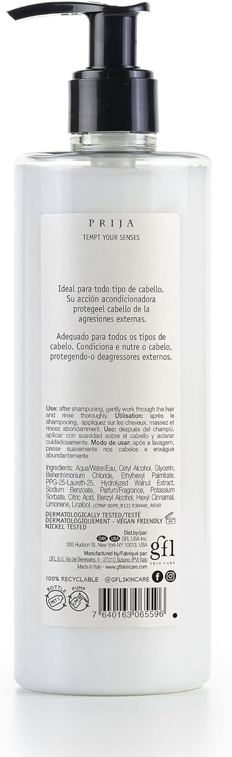 Prija Protective Hair Conditioner with Green Walnut Extract for All Hair Types, Conditions and Nourishes Hair and Protects from External Aggressors with Dispensing Pump, Vegan Friendly 380Ml