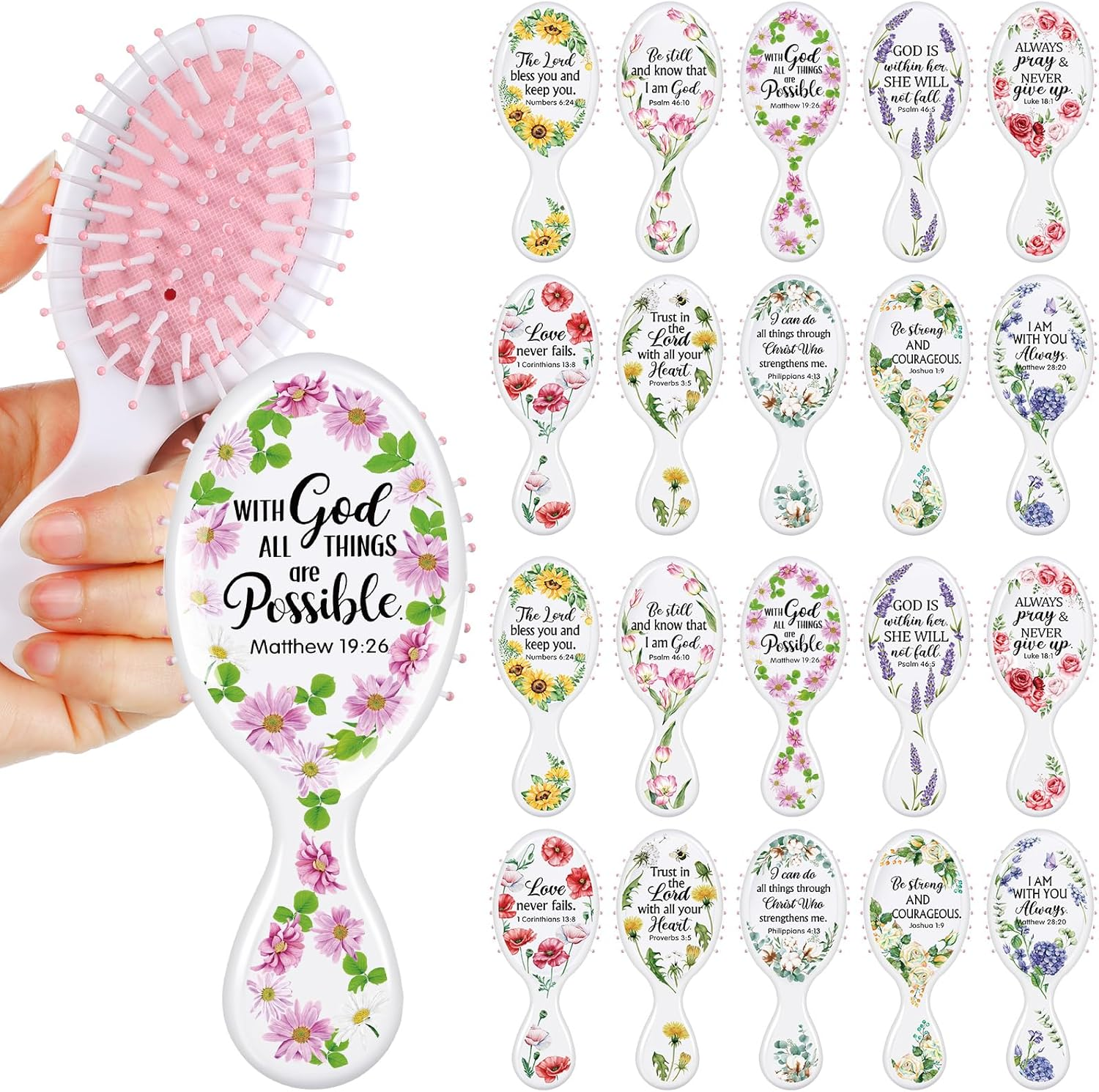 Meanplan 20 Pcs Inspirational Mini Hair Brush Bulk Thank You Gifts Bible Verse Christian Travel Hair Brush Mini Hair Brush Travel Detangling Brush Appreciation Gifts for Women Employee Staff
