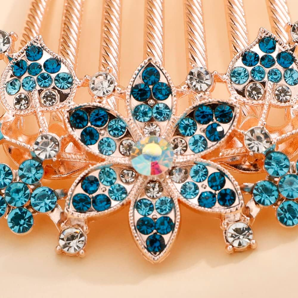 Jumwrit Crystal Bride Wedding Hair Comb Love Heart Leaf Colorful Rhinestone Flower Hair Side Comb Rose Gold Hair Clip Comb Floral Vintage Bridesmaid Headpiece Bridal Hair Jewelry for Women Girls(Blue)