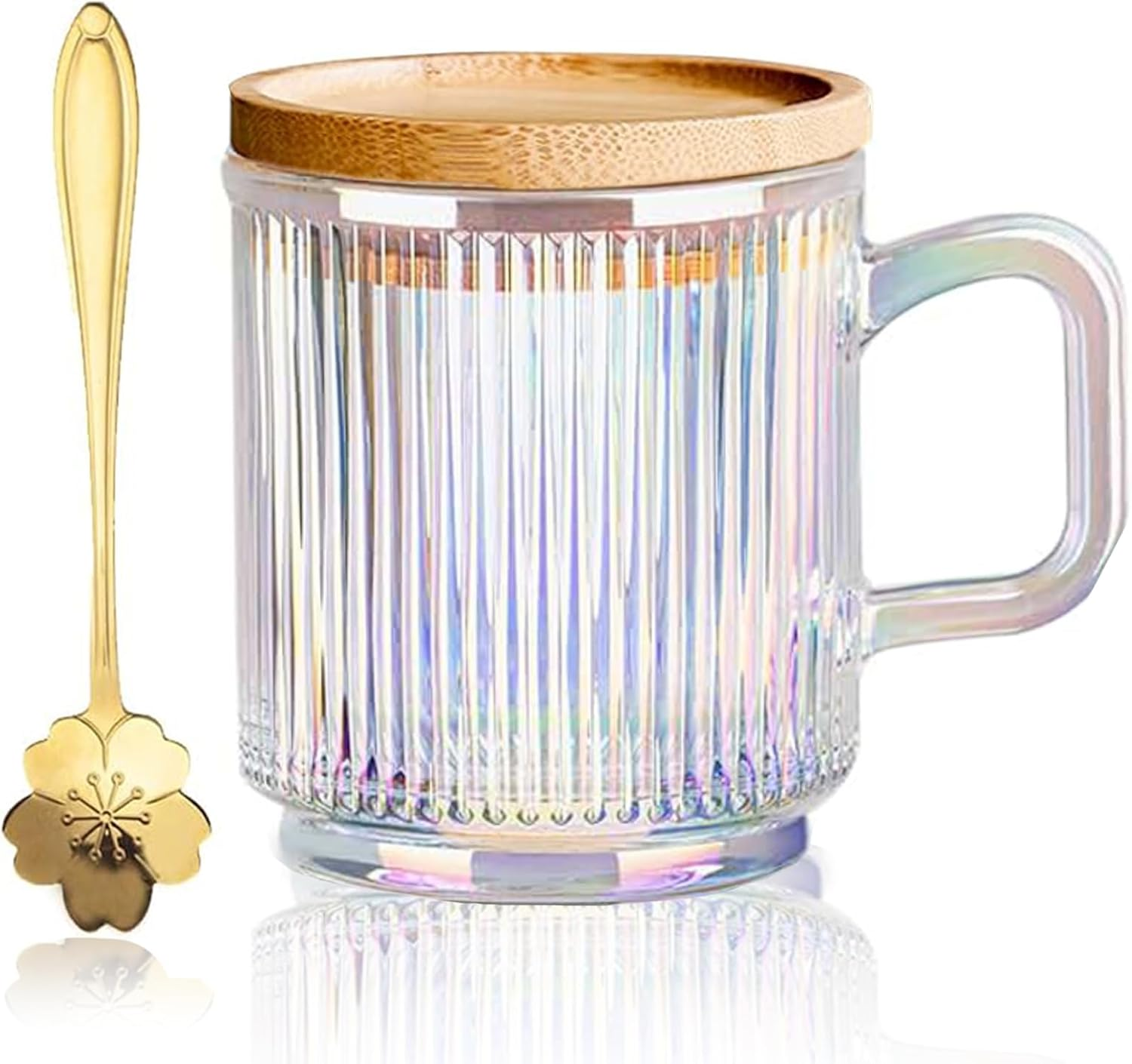 Clear Iridescent Glass Mug with Lid Cherry Blossoms Spoon Tea Mugs Coffee Glass Cup Pretty Mug for Milk Latte Chocolate Juice Water, for Women Girl Birthday Christmas Mother`S Day (White) image number 5