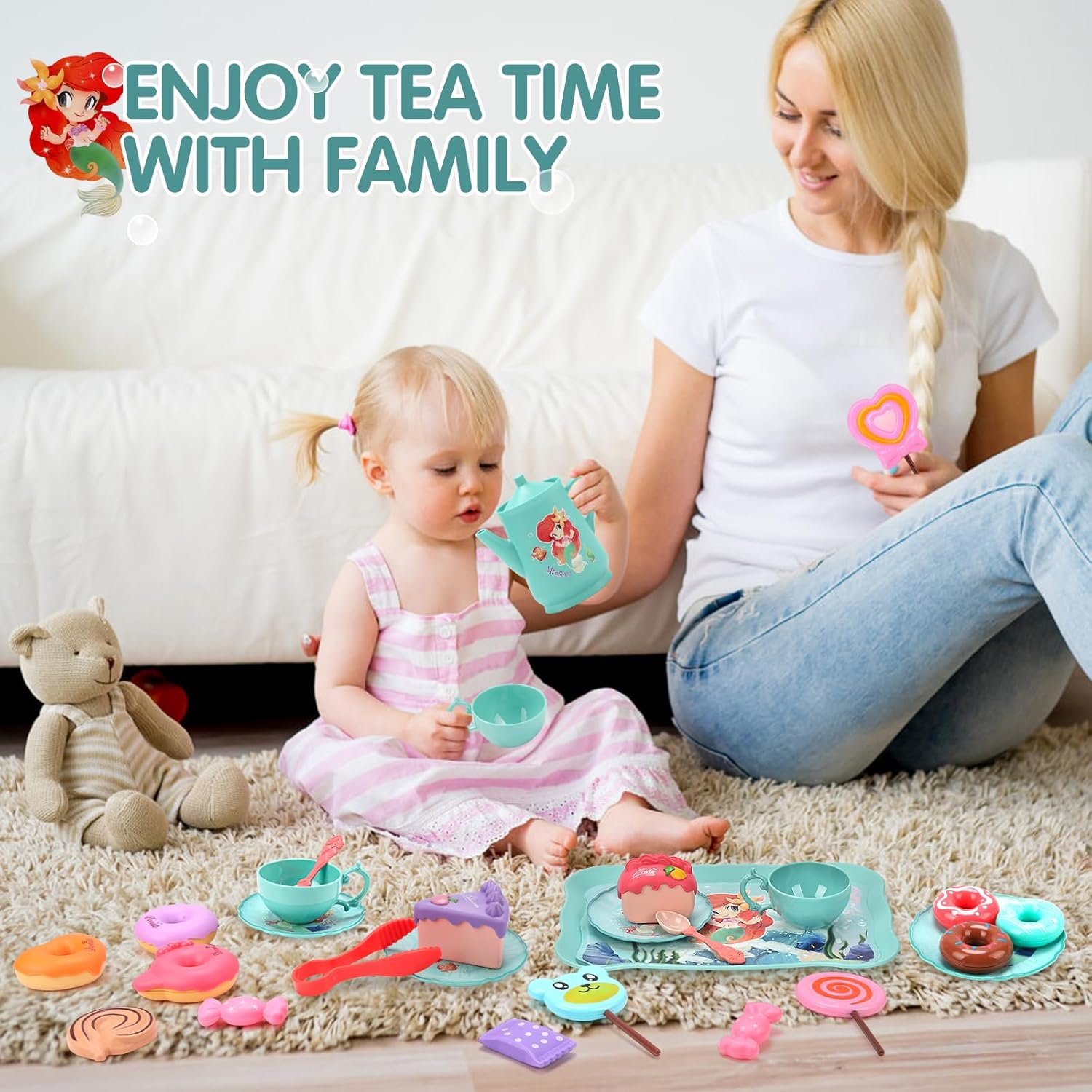 REMOKING 45PCS Mermaid Toys Tea Set for Girls,Birthday Gifts for Age 3+ Year Old Kids,Pretend Teapot,Dessert Playset, Carrying Case for Role Play,Princess Toy for Girls 2-6 Year Old image number 6