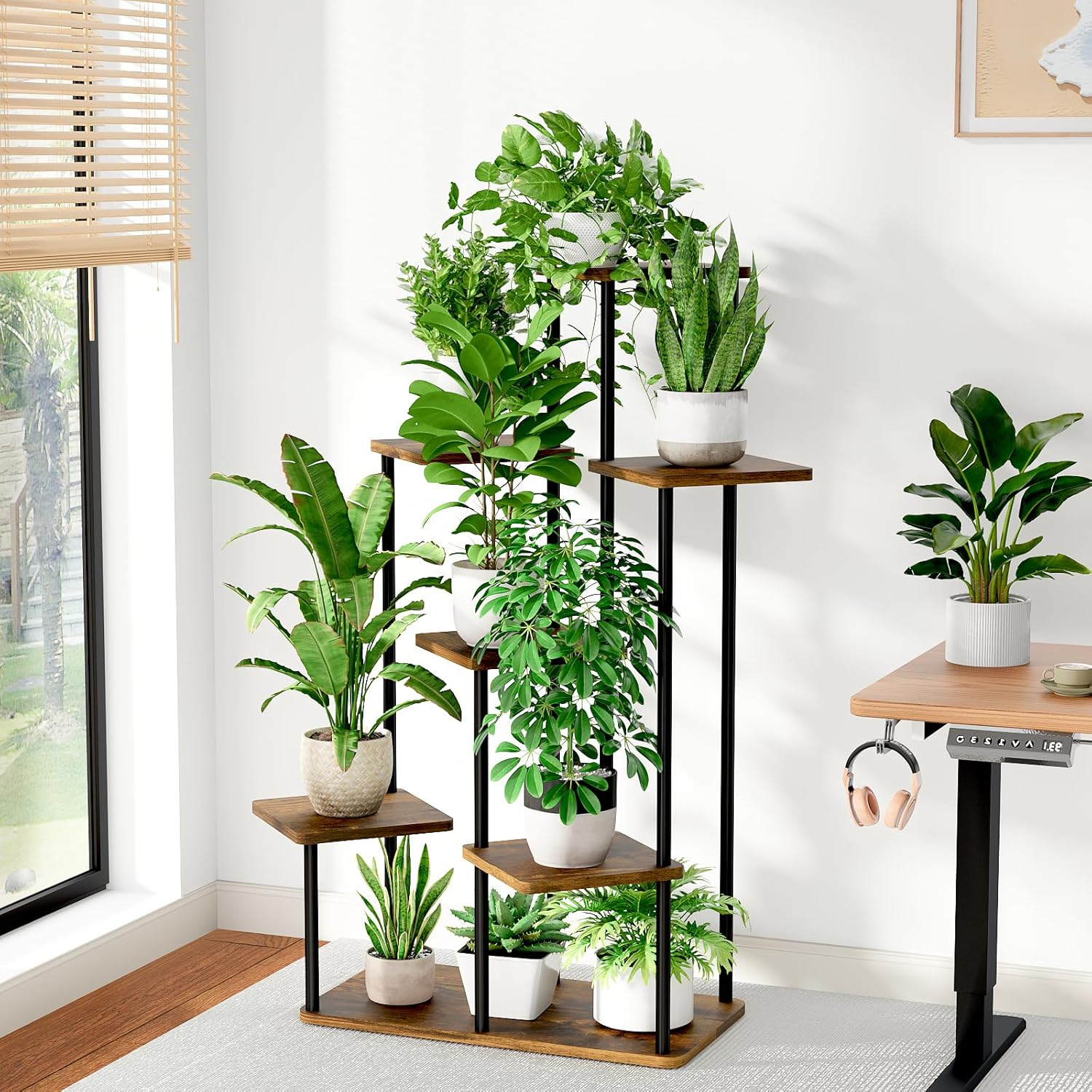 Bamworld Large Plant Stand Indoor Outdoor, Tall Metal Pot Plant Shelf Stand for Multiple Plants, 7 Tier Tiered Flower Garden Accessories Stand for Patio Balcony Living Room Bedroom(Brown) image number 3