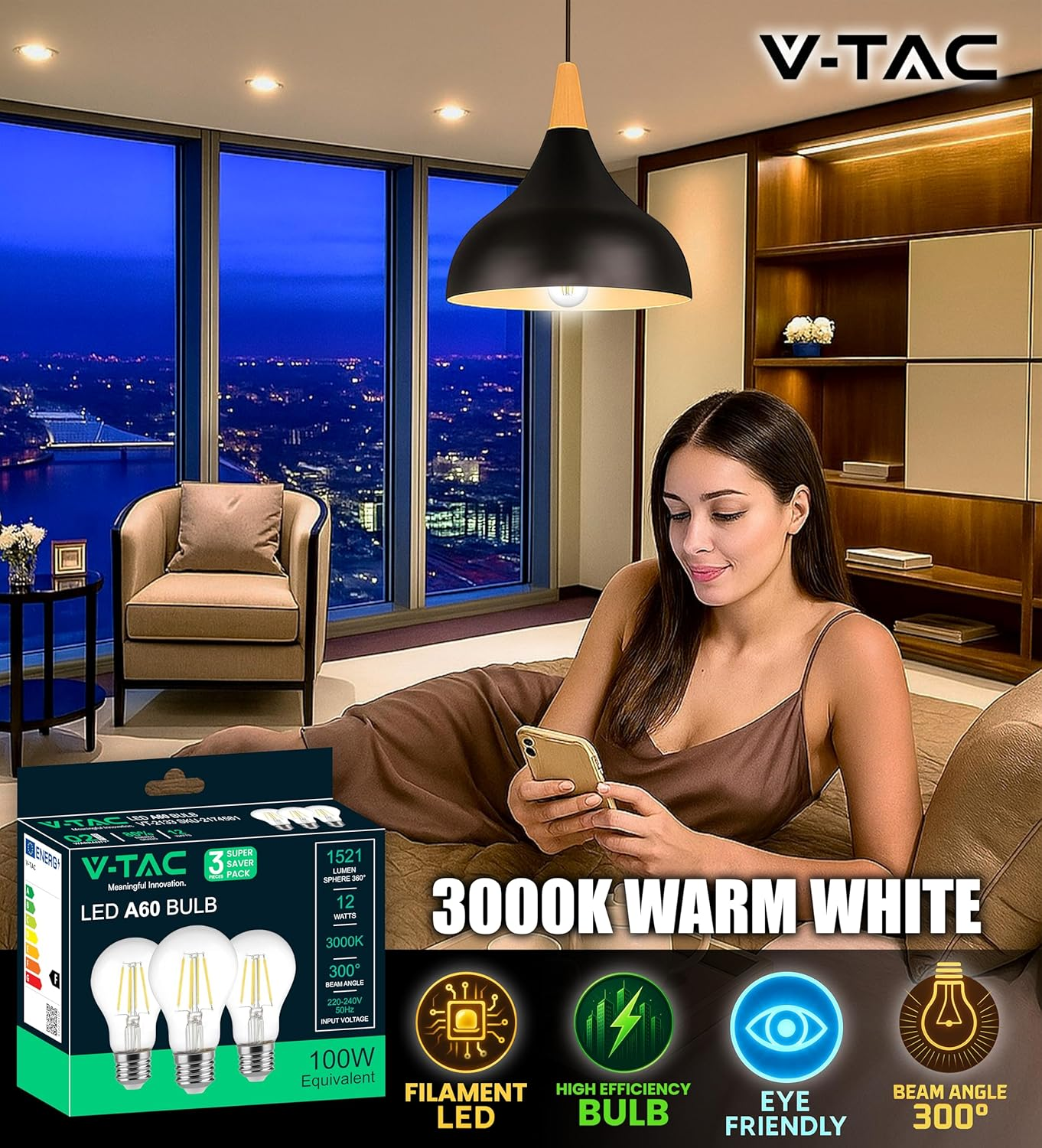 V-TAC 3 X LED Filament Bulbs E27-12W (Equivalent to 100W) A60-1521 Lumen &ndash; Vintage LED Glass Bulb &ndash; Maximum Efficiency and Energy Saving &ndash; 3000 K Warm White image number 1