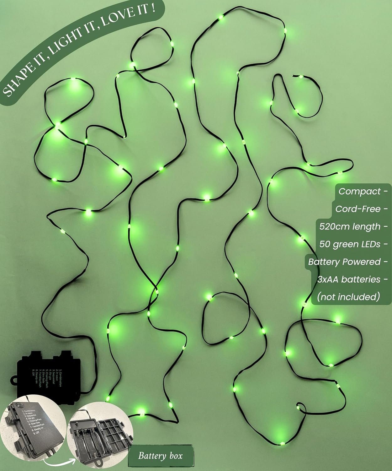 Meletē LED Fairy Lights &ndash; 5M (17Ft), 50 Leds, Battery Powered, Green Colour, 8 Lighting Modes &ndash; Copper Wire String Lights for Indoor and Outdoor Use, Decorations for Halloween, Christmas, Parties image number 1
