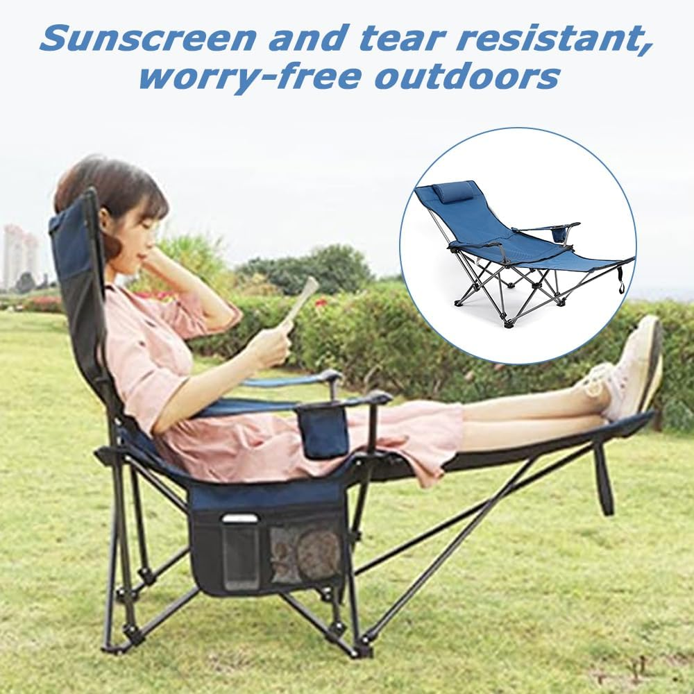 Camping Lounge Chair with Removable Footrest, Adjustable Folding Backrest, Lightweight Chair with Storage Bag & Headrest for Outdoor Garden (Blue) image number 5