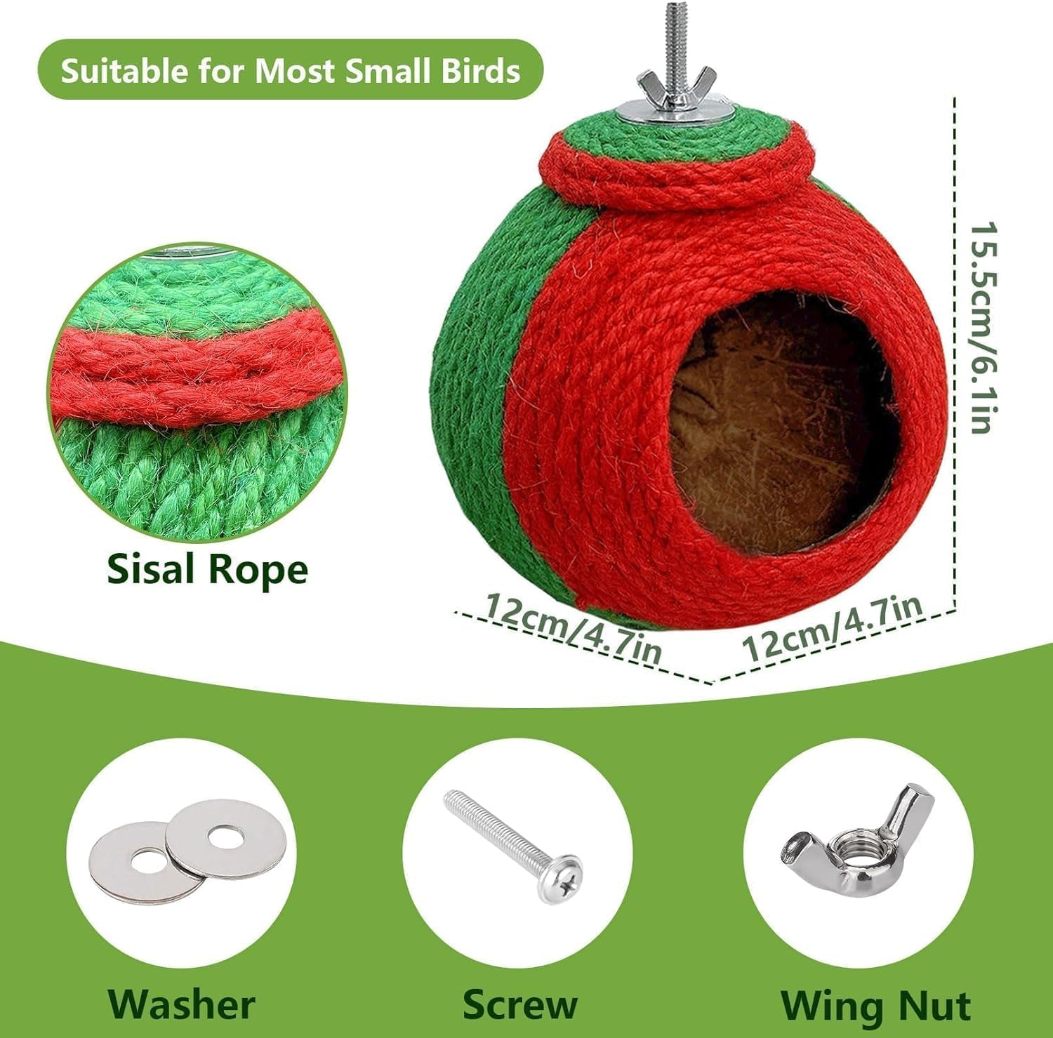 Kathson Bird Nest, Parrot Rearing House, Parakeet Hut Made of Coconut Shell, Hanging Budgie Nesting House with Coconut Fibre, Cockatiel Bed for Parakeet Lovebird image number 1