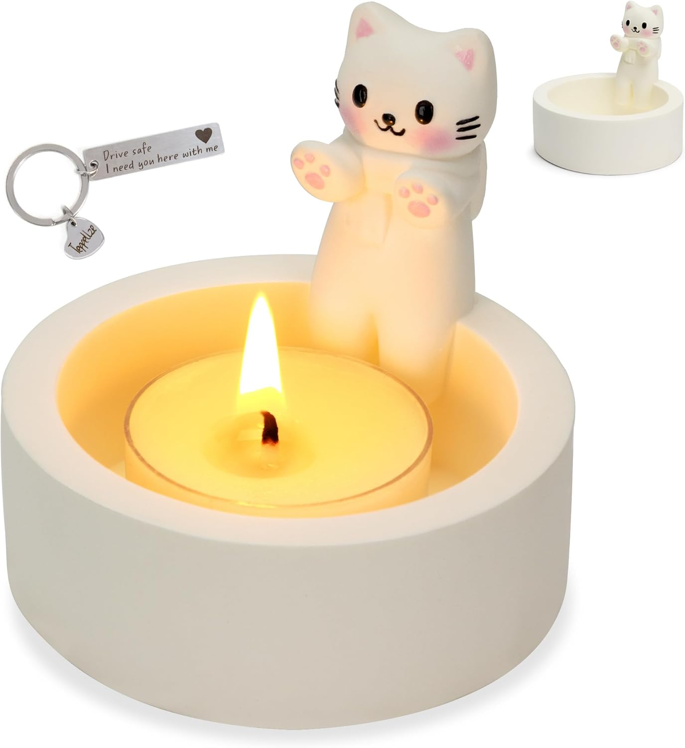 Cat Candle Holder Cute Kitty Cartoon Kitten Candle Holder Warming Paws Plaster Handmade Tea Light Candle Sticks Holder Home Decor Gifts for Cat Lovers with Keychain for Free.