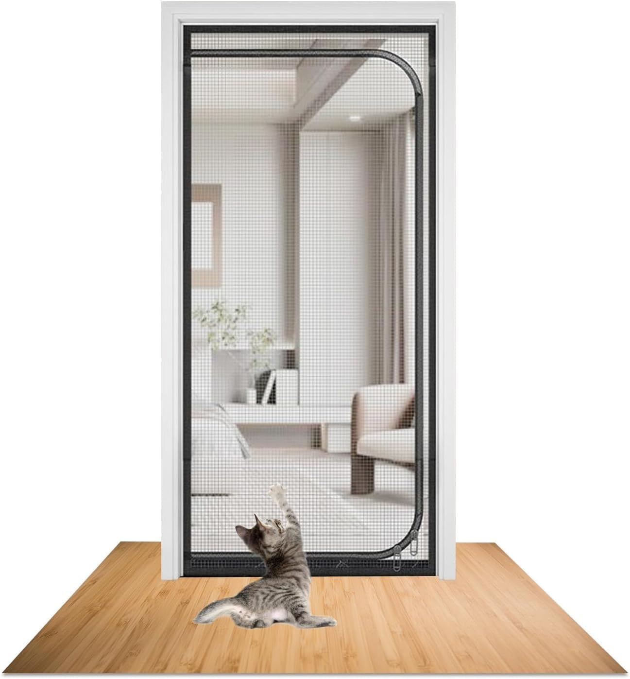 SHRRL Reinforced Cat Screen Door, Heavy Duty Pets Proof Screen Door with Zipper, Prevent Dogs Cats Running Out from Home, White (Fits Door Size：90X210Cm)