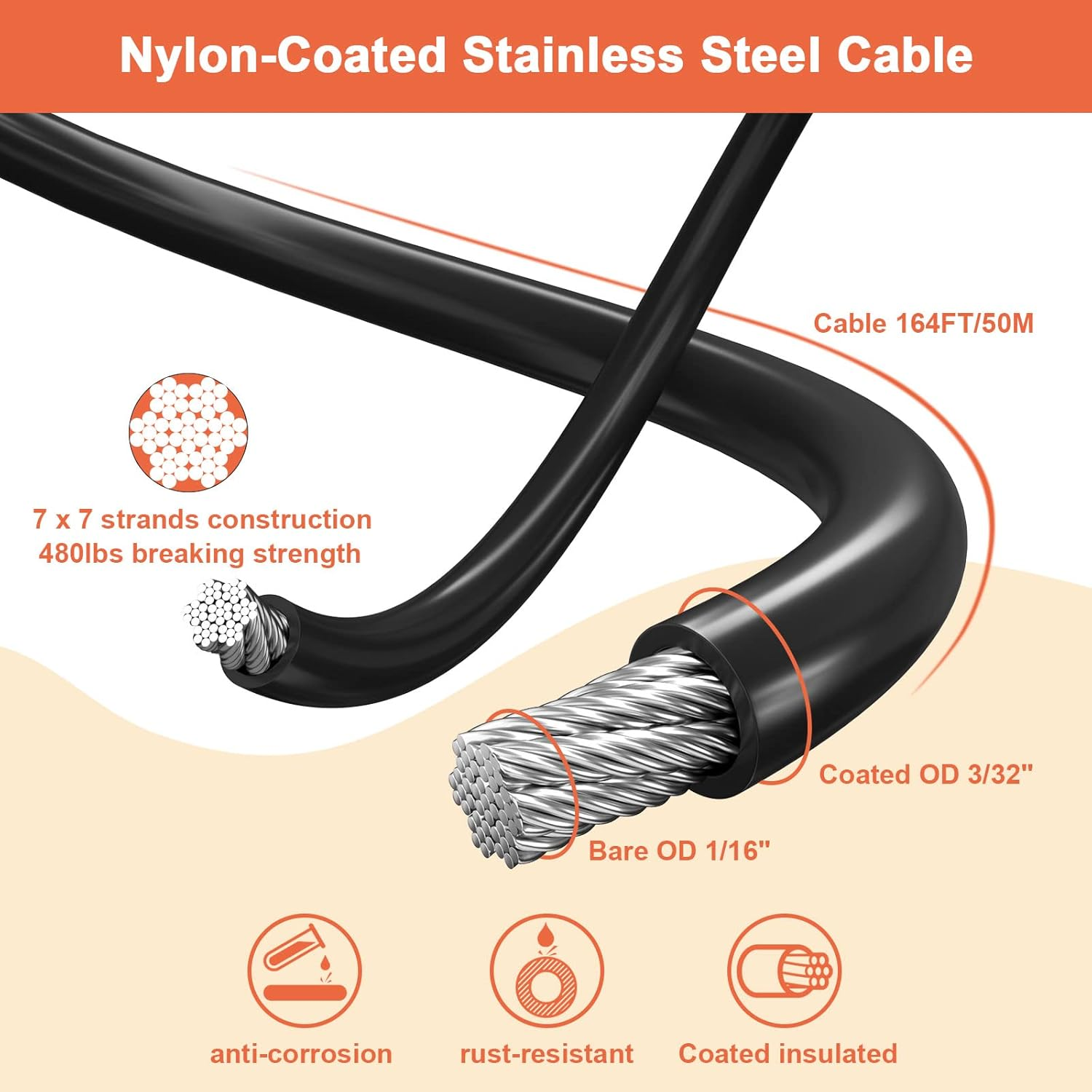 IMAGE String Light Hanging Kit, 164FT String Light Suspension Kit with Nylon Coated and Stainless Steel 304 Wire Rope, Light Hanging Kit for Outdoors image number 6