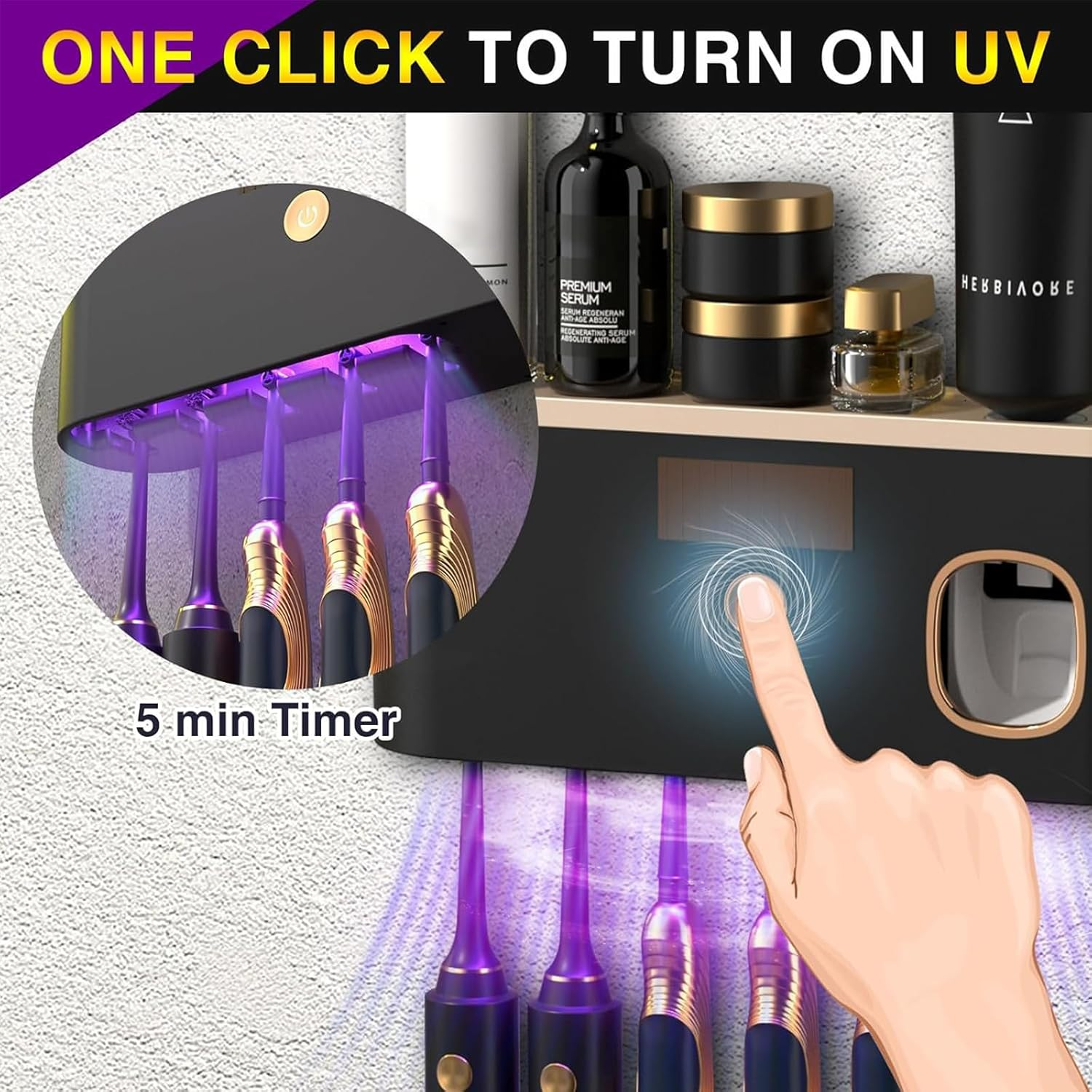 Toothbrush Cleaner & Holder, Wall Mounted Tooth Brushing Holder with Toothpaste Dispenser, Cleaning and Air Drying, Rechargeable UV Toothbrush Holder for Bathrooms image number 1