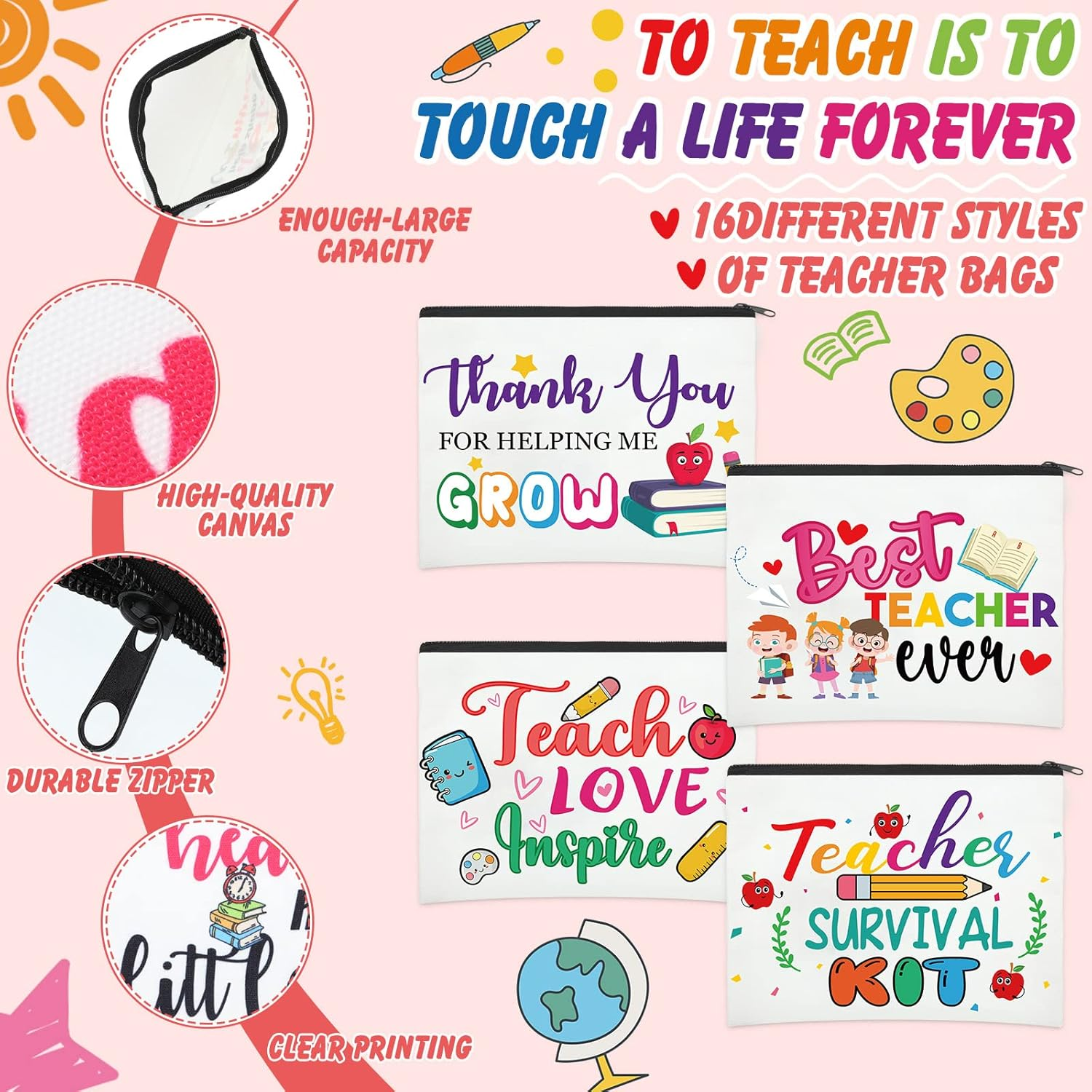 Hillban 32 Pieces Teacher Back to School Gifts Teacher Appreciation Gifts Women Cosmetic Makeup Bag Funny Pencil Pouch for Graduation Birthday, Multicolor, about 9.1 X 5.9 Inches/ 23 X 15 Cm, Cute image number 3