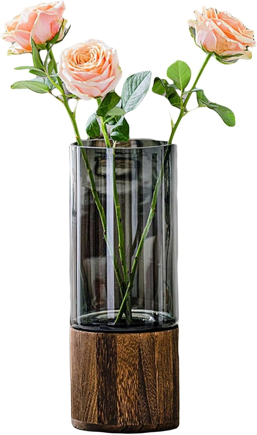 BAKAMITAYI Wood Glass Vase,Wooden Base Cylindrical Flower Vase,10" H,Classic Boho Rustic Style for Fireplace Bedroom Kitchen Living Room Centerpieces Office Desk image number 6