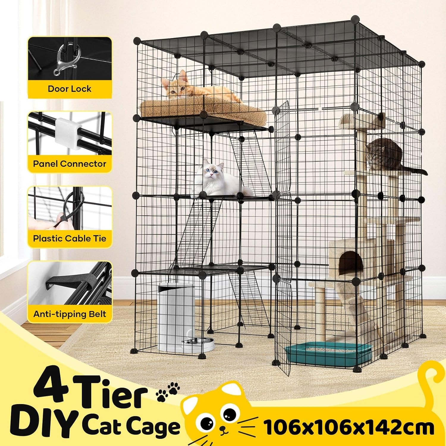 Pet Scene Cat Enclosure Cage 142Cm DIY Pet House 4 Tier Indoor Rabbit Hutch Bunny Ferret Crate Kitten Fence Kennel Playpen 3 Platforms 3 Ramps Detachable Metal image number 1