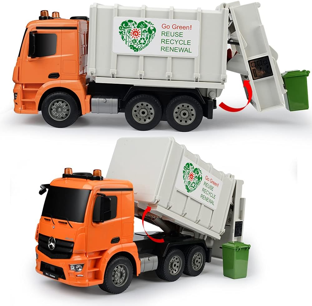 DOUBLE E Remote Control Garbage Truck 8 Channel Electric Stirring with Trash Bin Sounds Lights 2.4Ghz Sanitation Vehicles Toy image number 5
