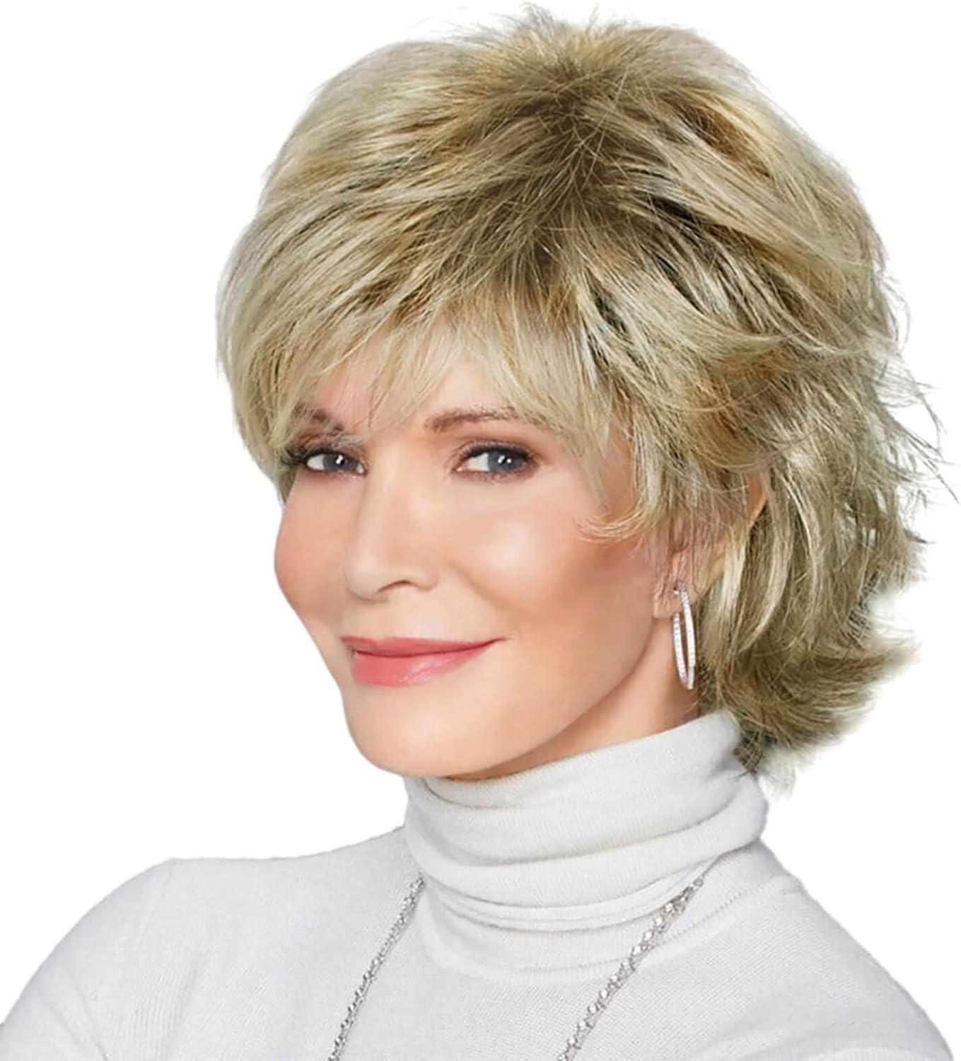 QUEENTAS Short Blonde Wigs for Women Layered Blonde Mixed Brown Pixie Cut Wig with Bangs Synthetic Short Hair Replacement Wig