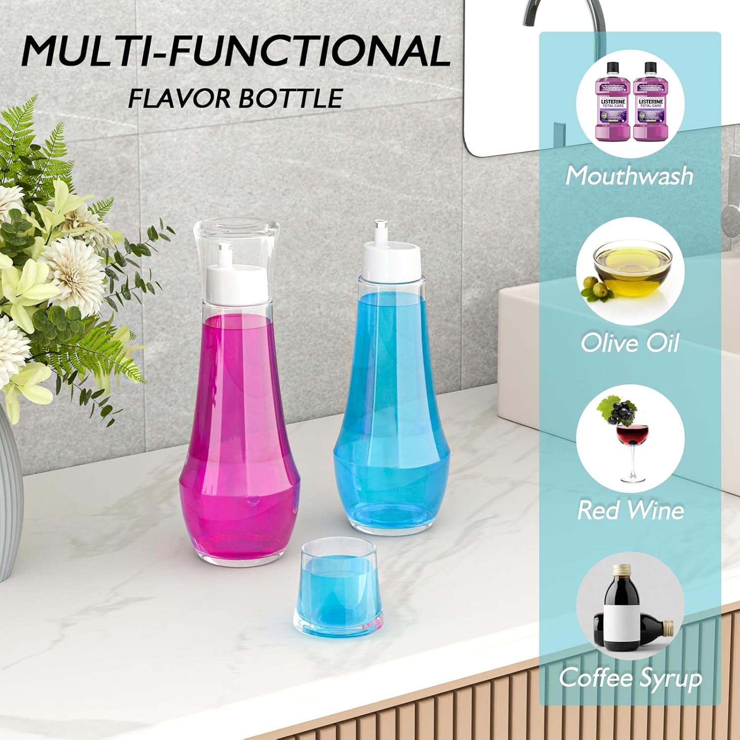 2 Pack Glass Mouthwash Dispenser for Bathroom, 9 OZ Small Clear Refillable Mouth Wash Bottle with Lid Cup image number 2