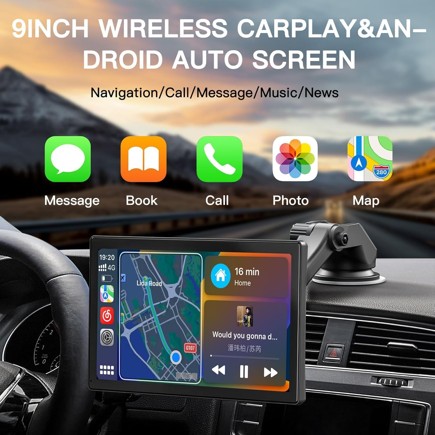 CARABC 9" Wireless Apple Carplay & Android Auto Screen, 4K Dash Cam 1080P Reverse, Carplay GPS Navigation Airplay Voice Control/Aux/Fm image number 3