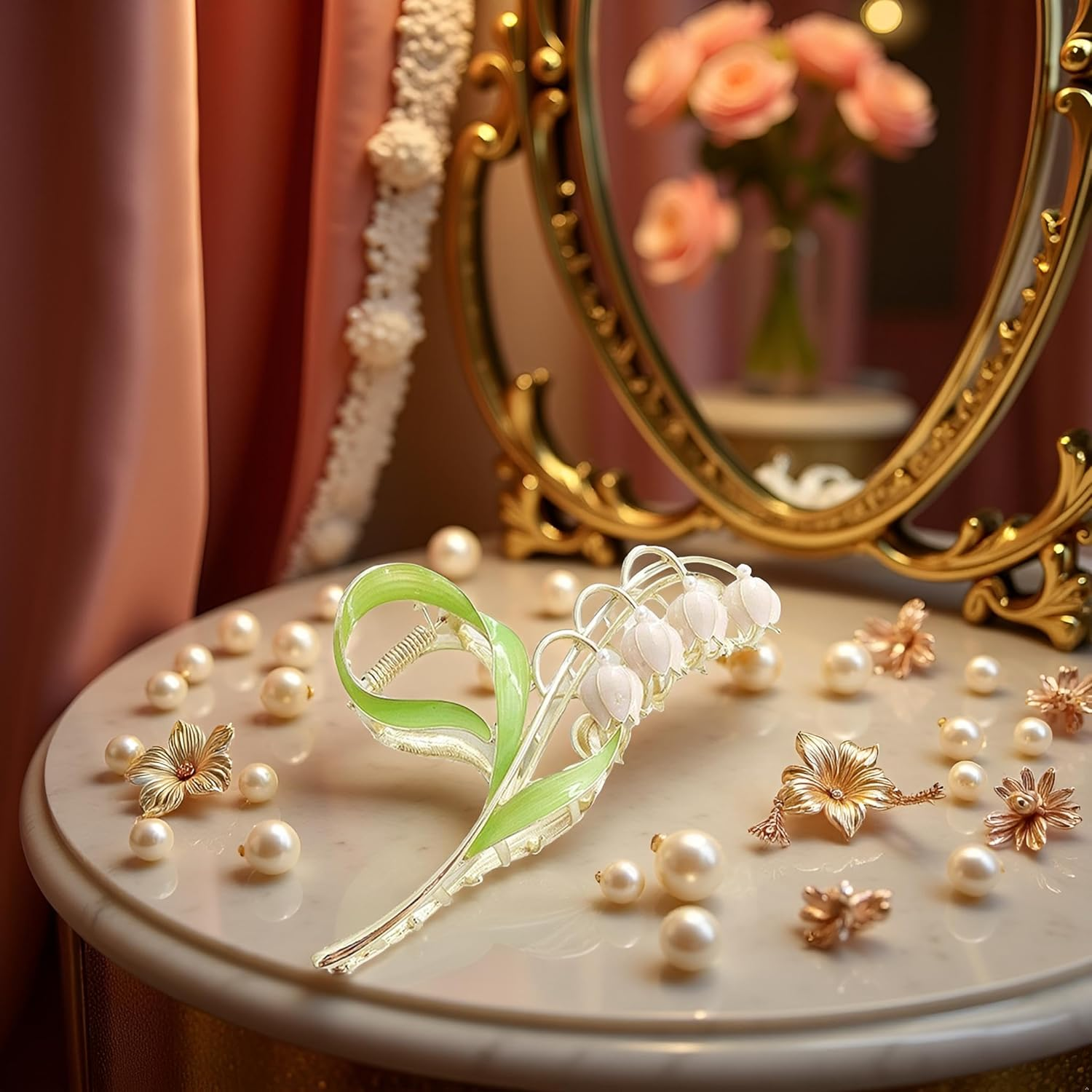 1Pc Pink Gold Lily of the Valley Flower Hair Clips, Large Metal Claw Clip,Orchid Clamps,Lily Jaw Clamp Styling Accessories for Thick Thin,Hair Accessories image number 4