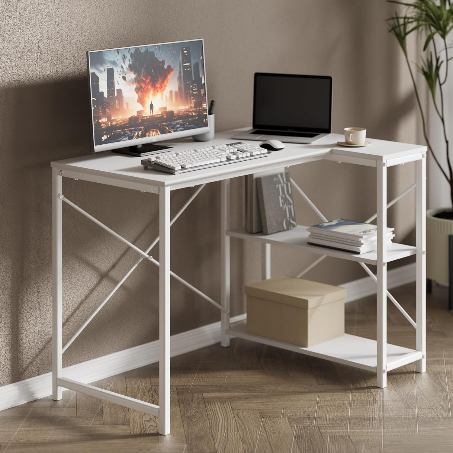 Zinus 100 Cm L-Shaped Computer Desk with Storage Shelves, Corner Desk, Metal Legs, Modern Simple Writing Table, Perfect for Small Space, White image number 1