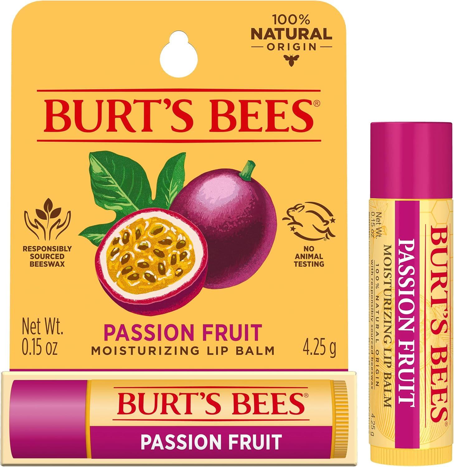 Burt'S Bees 100% Natural Origin Moisturising Lip Balm, Passionfruit with Beeswax and Fruit Extracts, 1 Tube, 4.25G