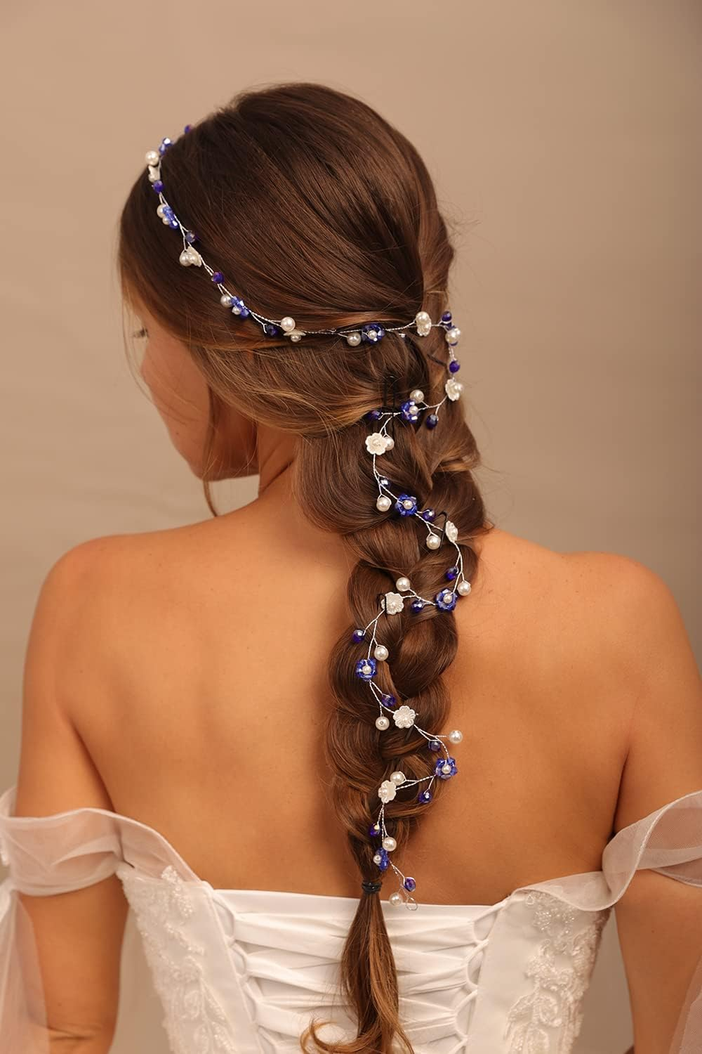 Teyglen Women Bride Wedding Blue Flower Crystal Headband Hair Vine Handmade Pearl Bridal Navy Blue Beads Headband Wedding Hair Accessories for Brides Floral Hair Pieces Headpieces for Women Girl image number 5