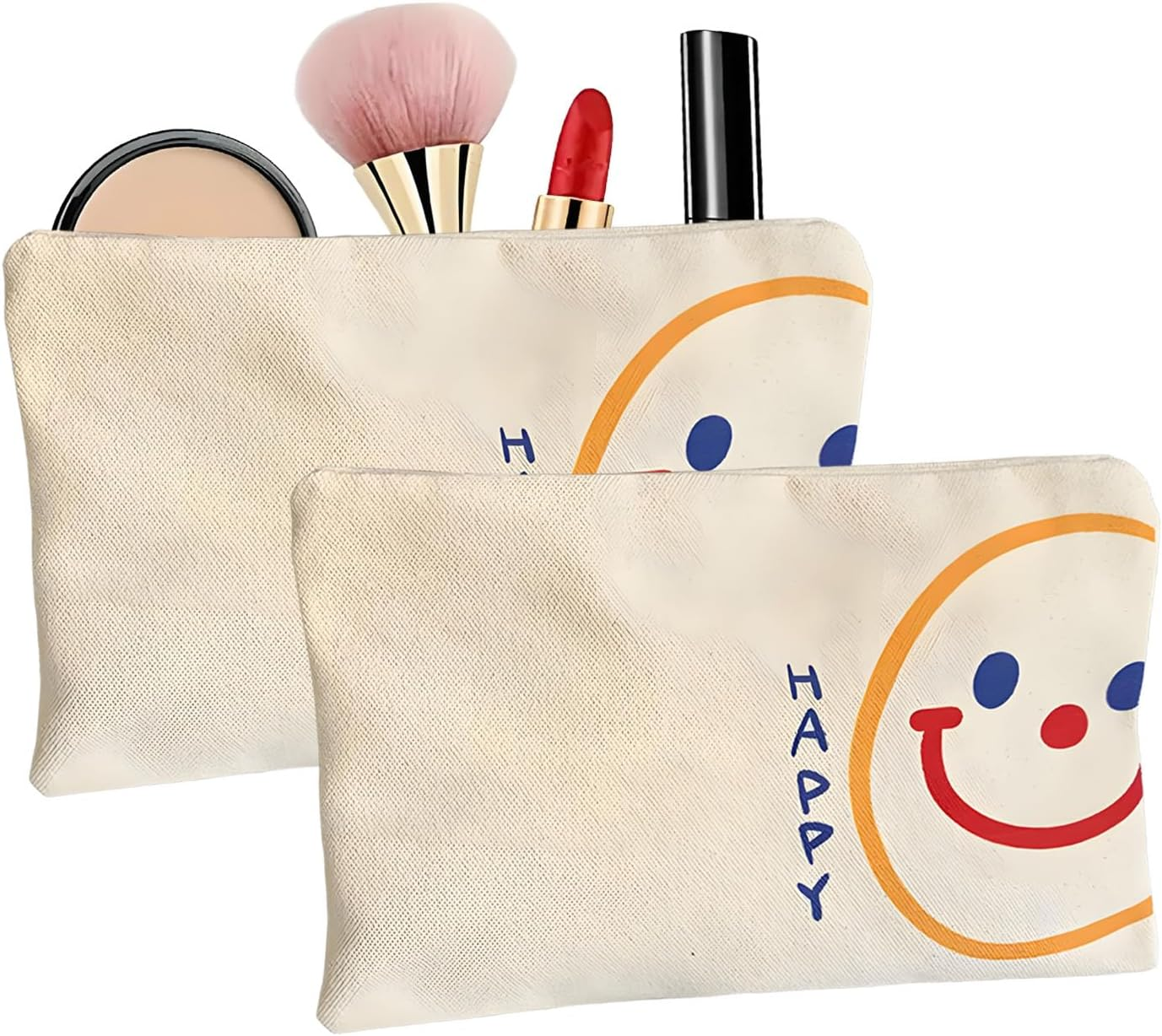 Pack of 2 Small Canvas Travel Cosmetic Bag, Portable Toiletry Bag, Makeup Bag, Multifunctional Makeup Bag with Zip, for Women, White 1, Mass Style image number 1