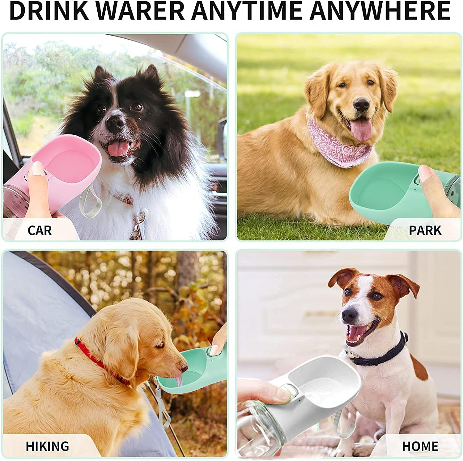 Leakproof Portable Dog Water Dispenser with Drinking Feeder, Outdoor Travel Water Bowl for Dogs & Cats, Green, 550Ml image number 3