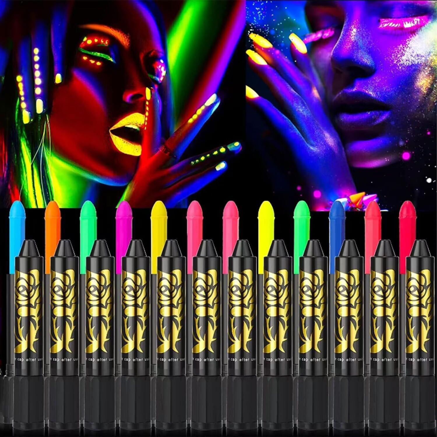 Glow in the Dark Face Paint Crayons, 6 Colours UV & Black Light Body Painting Kit, Non-Toxic Makeup for Halloween, Festivals, Easter, Masquerades, Party Supplies