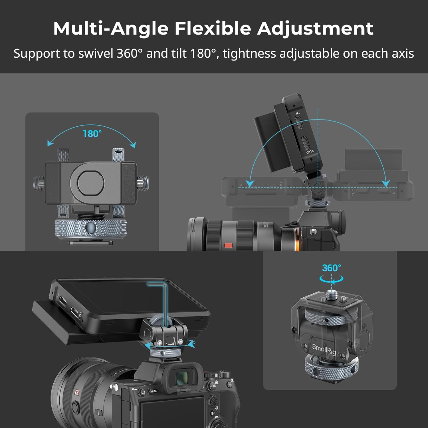 Smallrig Camera Monitor Mount Lite with Cold Shoe, Swivel 360&deg; and Tilt 180&deg; Holder for Field Monitor, LED, Flash and Video Shooting Photography Accessories, Max Load Capacity of 90&deg; Tilt 3.2Kg - 3809 image number 6