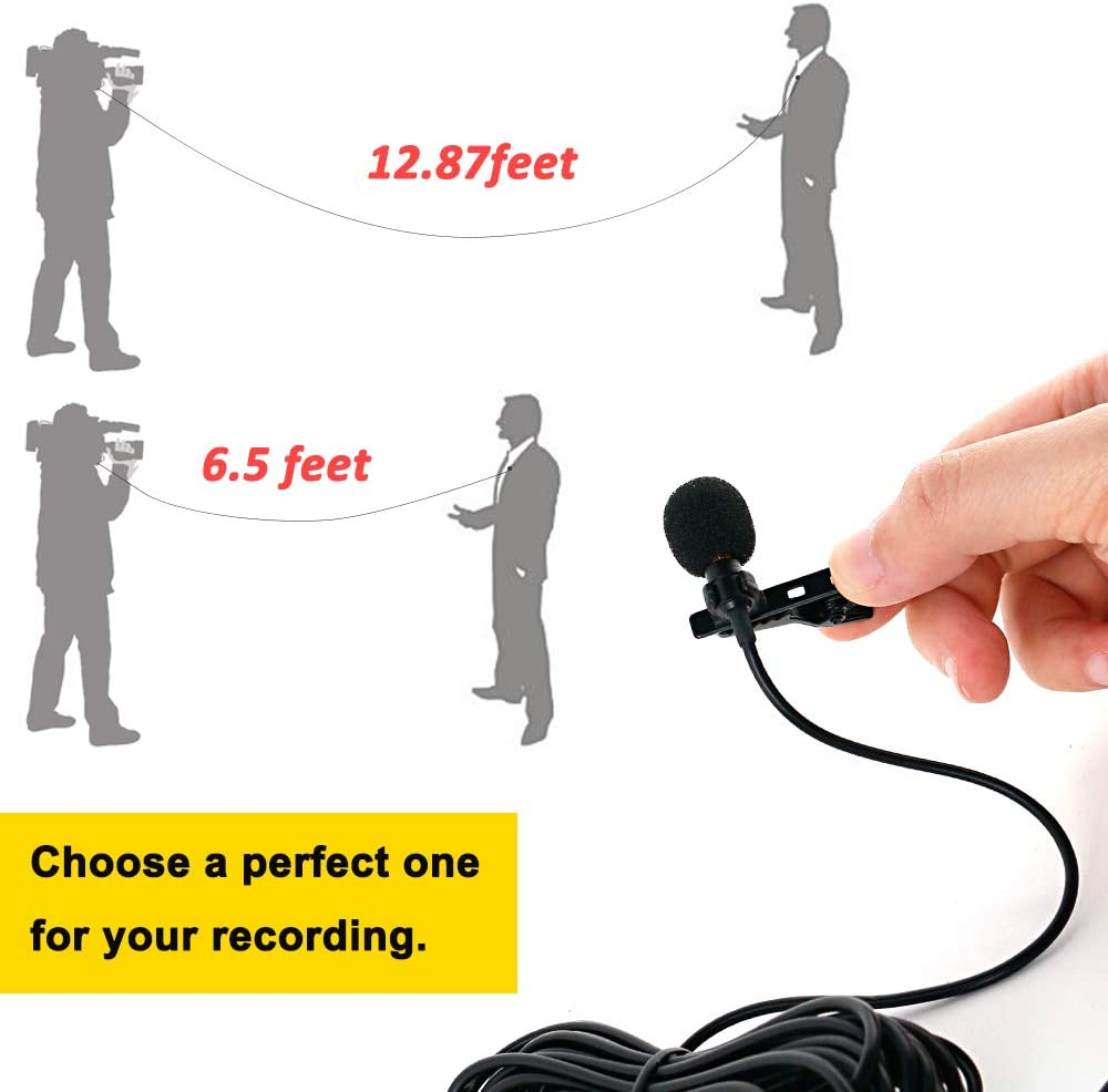 Pop Voice 12.8 Feet Lavalier Lapel Microphone Professional Grade Omnidirectional Mic Condenser Small Mini Perfect for Recording Podcast PC Laptop Android Iphone Youtube Interview Asmr External