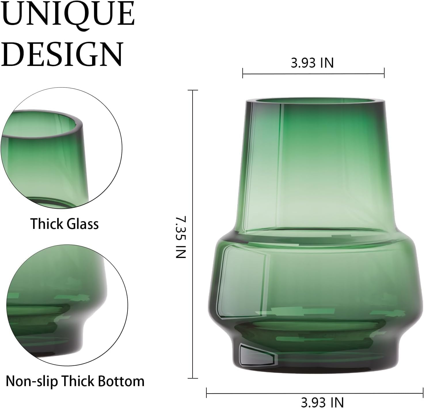 Relexome Green Glass Flower Vase for Centerpieces Bouquet Flowers Modern Wide Mouth Glass Vase Decorative Bud Vases for Home Decor, Living Room, Kitchen, Dining Table, Entryway 7.3 Inch