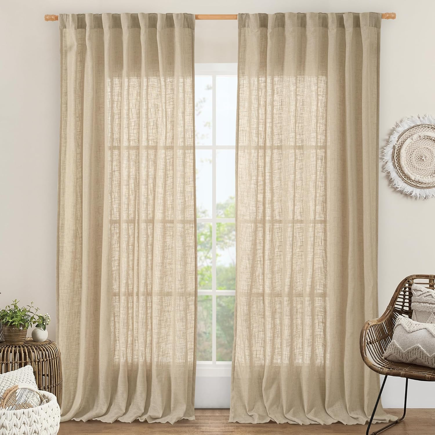 LAMIT Cream Linen Curtains for Living Room 84 Inch Length 2 Panels, Light Filtering Semi Sheer Panels Back Tab and Rod Pocket Boho Drapes for Bedroom/Farmhouse, 42 X 84 Inch