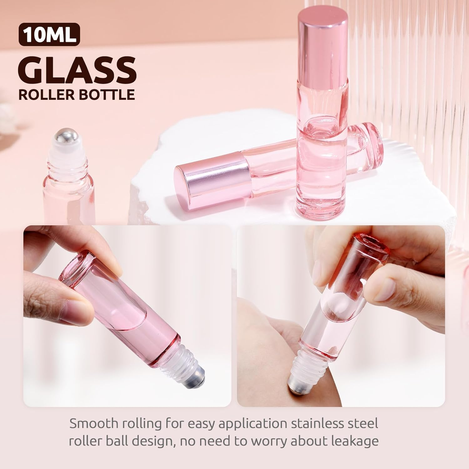 4 Pack Pink Glass Essential Oil Roller Bottles, 10Ml Empty Refillable Rollerballs with Pink Caps - Travel Roll-On Containers for Perfume & Essential Oils image number 2