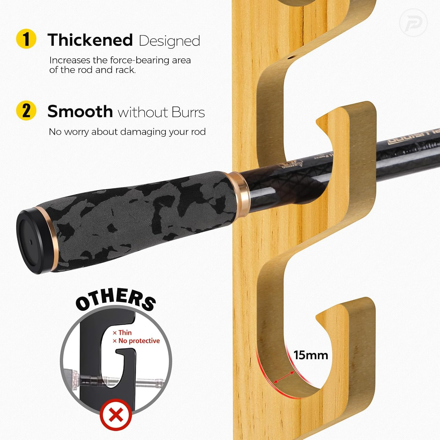 PLUSINNO WH5 Horizontal Fishing Rod/Pole Holders for Garage, Wall or Ceiling Mounted Rack, Solid Wood Fishing Rod Holder Holds up to 5/10/20 Rods or Combos Fishing Gear, Gifts for Men image number 2