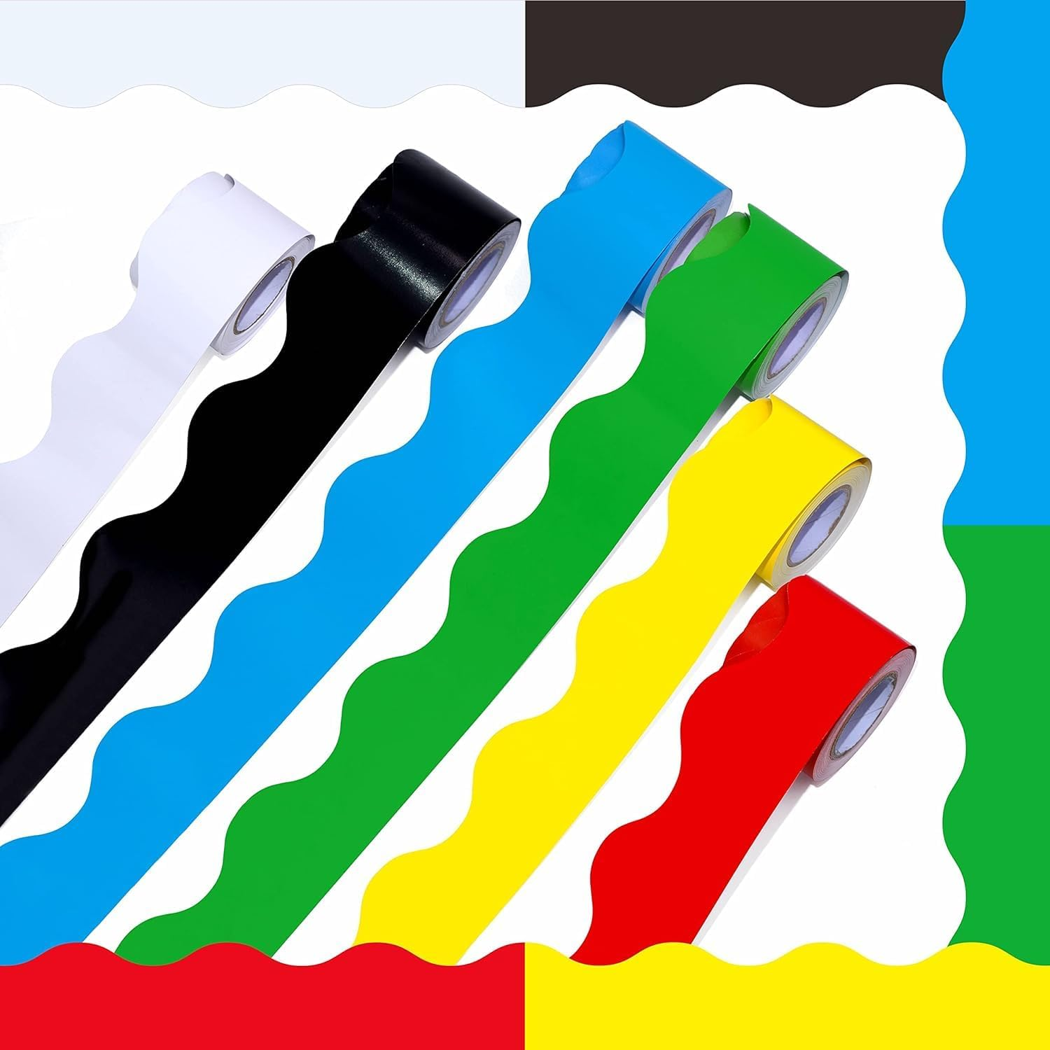 6 Rolls Bulletin Board Borders, 198 Ft Scalloped Rolled Border Trim with Wavy Line Design Yellow, Green, Red, Blue, Black, White Decoration for School, Classroom & Offices, 33Ft per Roll image number 1