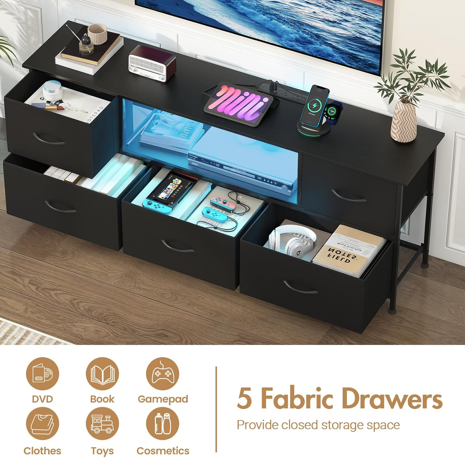 Advwin TV Unit Cabinet 140Cm with 16-Color RGB LED & Charging Station, TV Stand with 5 Storage Drawers & Open Shelf, Entertainment Center for Living Room, Bedroom, Black image number 5