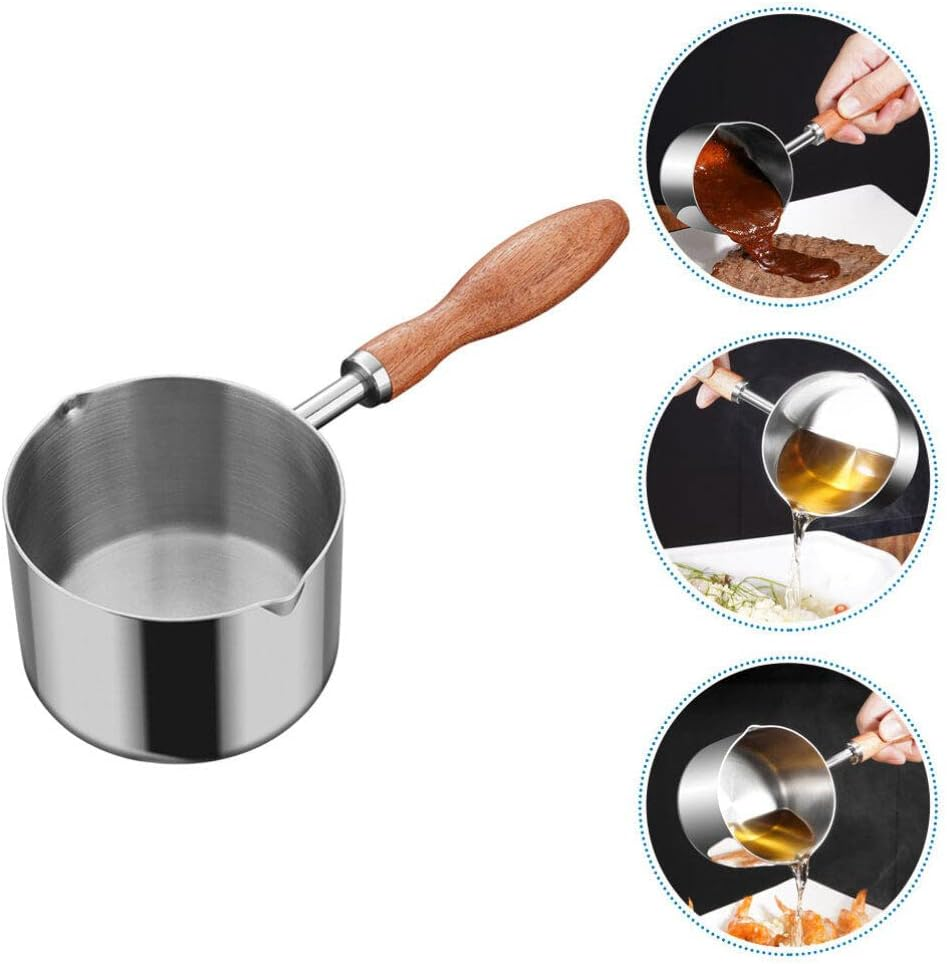 Alipis Stainless Steel Sauce Pan with Pour Spout, 300Ml Small Pasta Pot Wood Handle Cooking Pot Mini Butter Warmer Saucepan Milk Pot Wax Melting Pot Measuring Cup image number 1